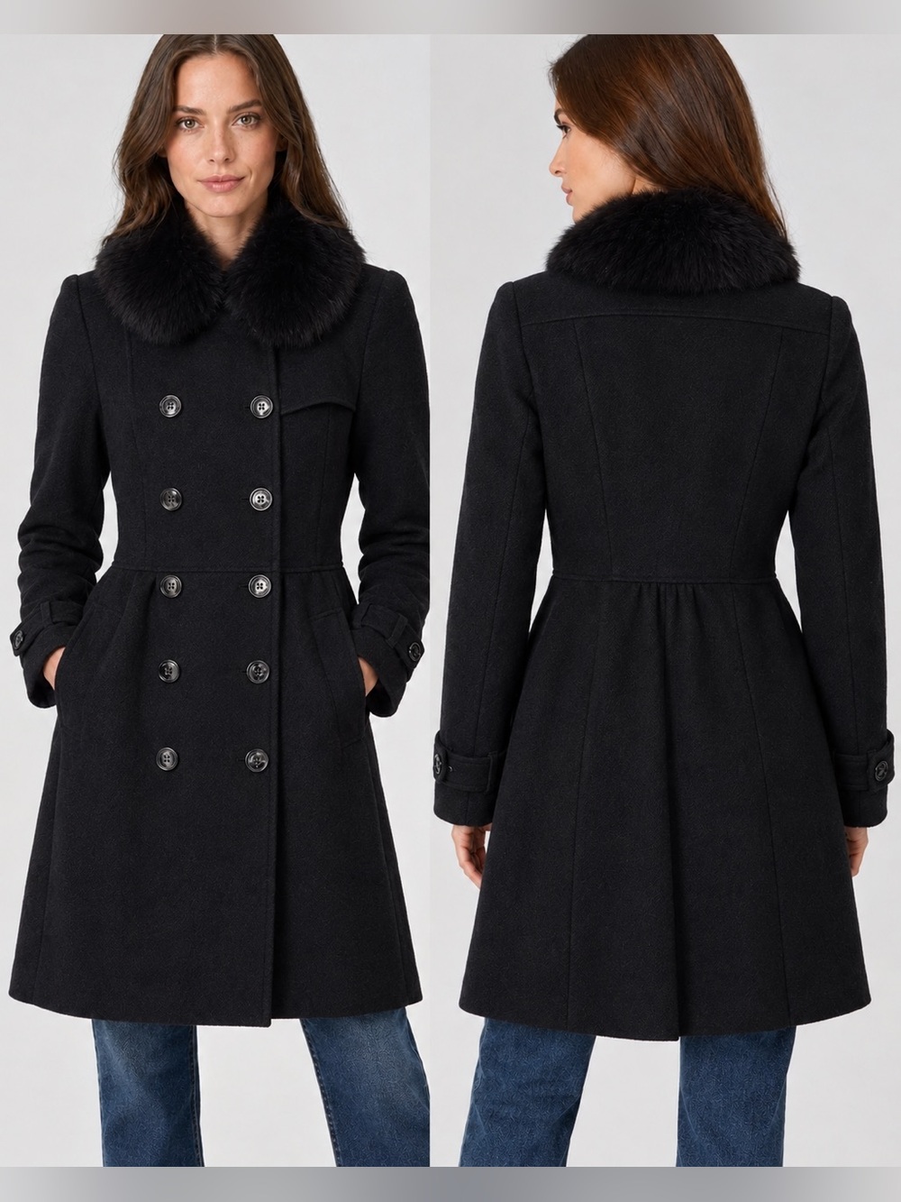 Burberry Black Cashmere Wool Fur Collar Double Breasted Peplum Coat Size 4